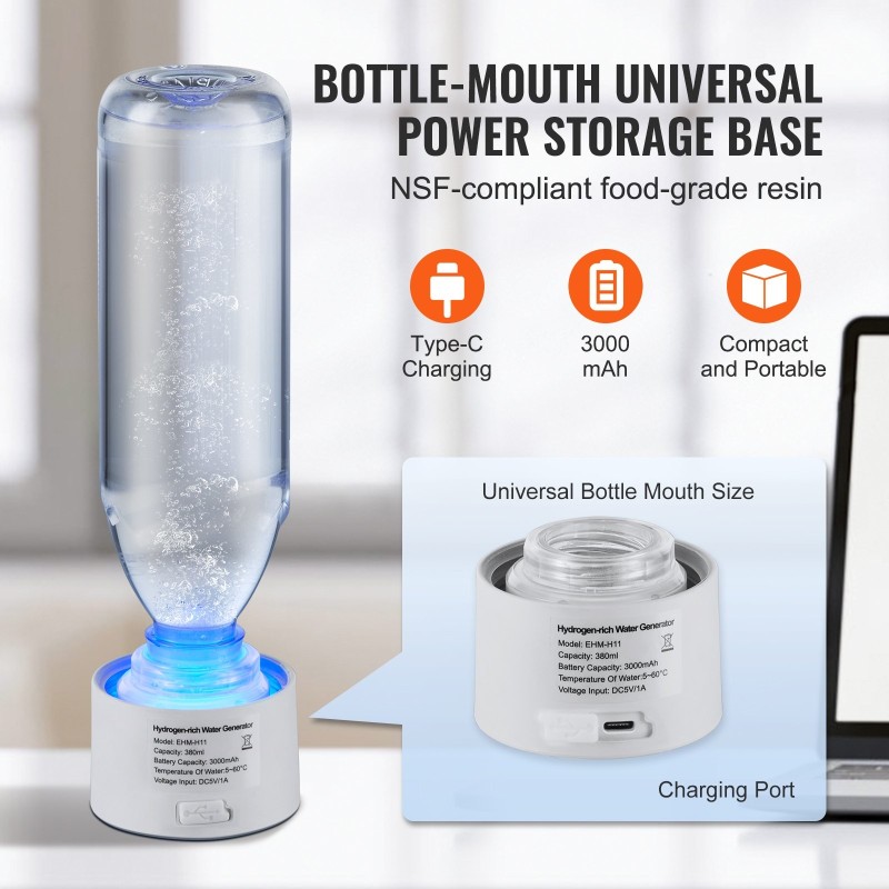 Vetyvesipullo 380 ml borosilikaattilasinen kaksitilainen nenähengitysletkulla itsepuhdistuksella