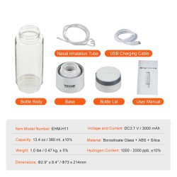 Vetyvesipullo 380 ml borosilikaattilasinen kaksitilainen nenähengitysletkulla itsepuhdistuksella
