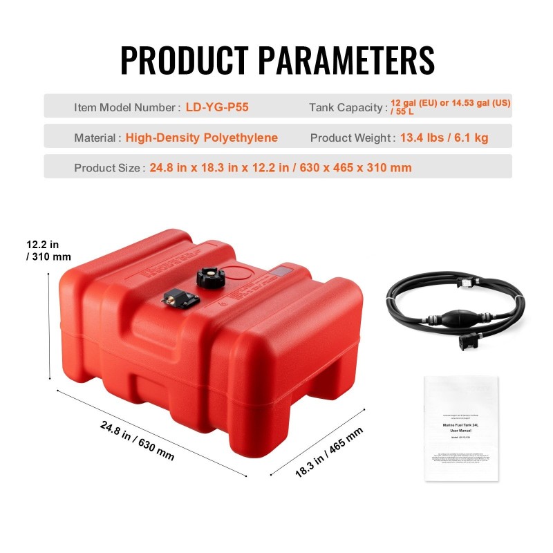 Meripolttoainesäiliö 55 l siirrettävä suurtiheyksinen polyeteeni perämoottoriveneille polttoaineletku punainen