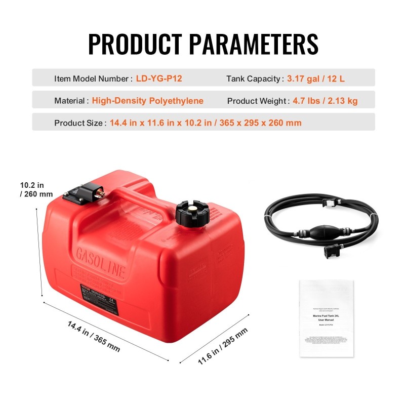 Meripolttoainesäiliö 12L suurtiheyksinen polyeteeni 9.8ft polttoaineletku mittarilla perämoottorille punainen