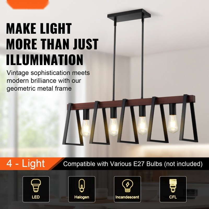 4-valoinen metallinen riippuvalaisin keittiösaarekkeelle E27-kanta enintään 60 watin säädettävä korkeus