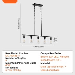 Saarekevalaisin 5-valoinen metallirunkoinen kirkkailla lasivarjostimilla E27-kantainen säädettävällä korkeudella
