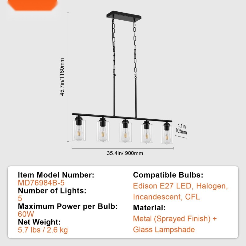 Saarekevalaisin 5-valoinen metallirunkoinen kirkkailla lasivarjostimilla E27-kantainen säädettävällä korkeudella