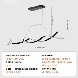 LED-riippuvalaisin 24W himmennettävä 3000–6000K metallirunko silikonivarjostin kaukosäädin keittiöön
