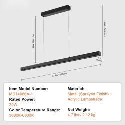 Lineaarinen LED-riippuvalaisin 119,4 cm 20 W metalli-akryyli himmennettävä kaukosäätimellä 3000–6000K
