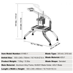 Manuaalinen vihannesleikkuri alumiiniseosrunko 420J1 ruostumattomat terät 3/8 ja 3/16 tuumaa liukumattomilla imukuppijaloilla
