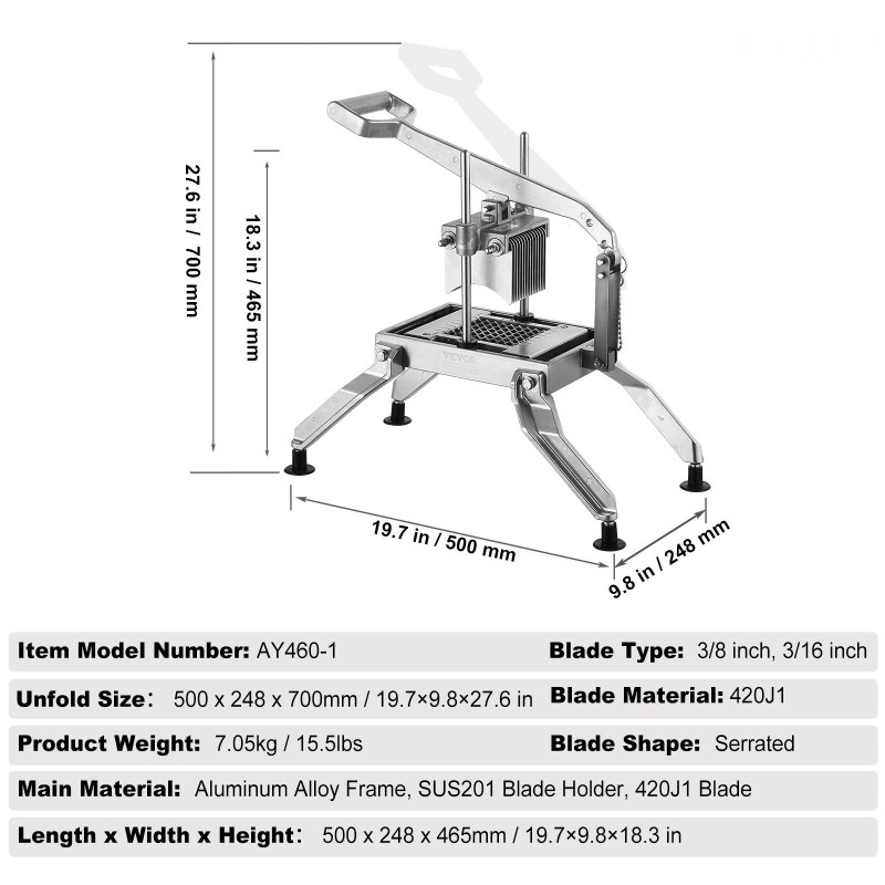 Manuaalinen vihannesleikkuri alumiiniseosrunko 420J1 ruostumattomat terät 3/8 ja 3/16 tuumaa liukumattomilla imukuppijaloilla