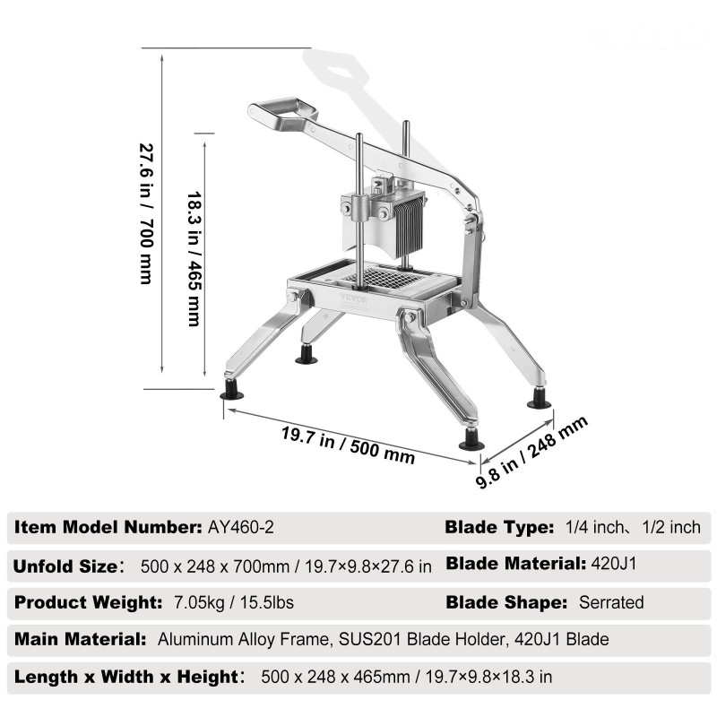 Manuaalinen vihannesleikkuri alumiiniseosrunko 420J1-ruostumattomat 1/4- ja 1/2-tuuman terät tomaateille sipuleille perunoille