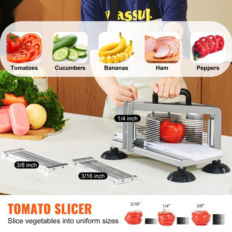 Tomaattileikkuri ruostumatonta 420J1-terästä, käsikäyttöinen, teräkoot 1/4, 3/8 ja 3/16 tuumaa