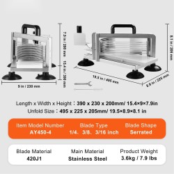Tomaattileikkuri ruostumatonta 420J1-terästä, käsikäyttöinen, teräkoot 1/4, 3/8 ja 3/16 tuumaa