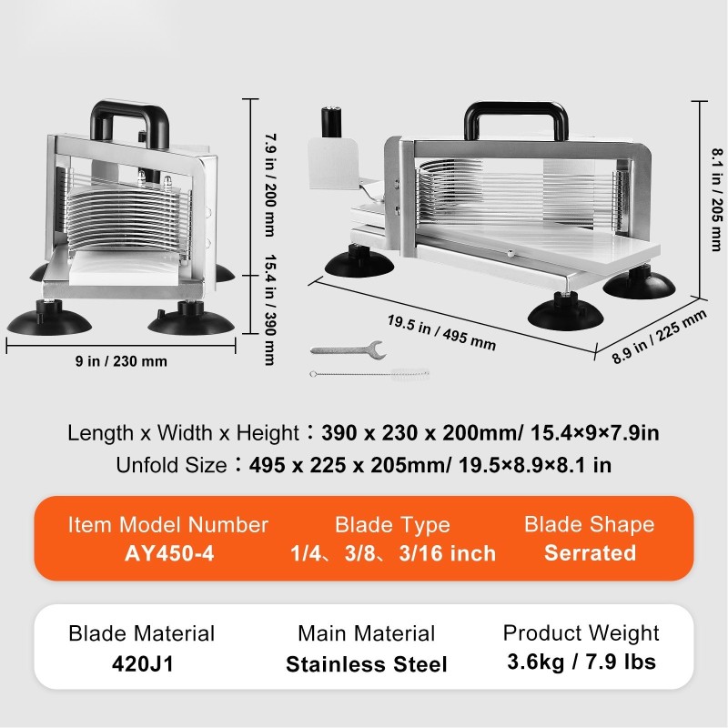 Tomaattileikkuri ruostumatonta 420J1-terästä, käsikäyttöinen, teräkoot 1/4, 3/8 ja 3/16 tuumaa