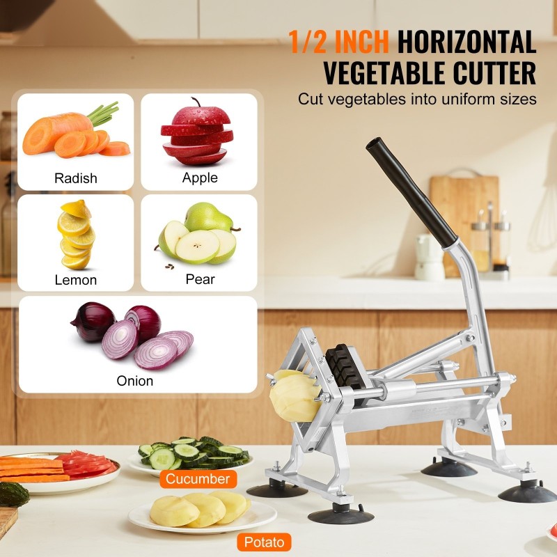 Manuaalinen vaakaleikkuri puolituumaisella ruostumattomalla terällä alumiiniseosrunko imukuppijaloilla vihanneksille ja