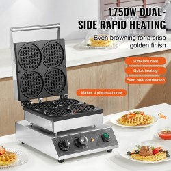 Vohvelirauta 4-paikkainen ruostumaton teräs 1750W ajastin lämpötilansäätö ammattikeittiöihin