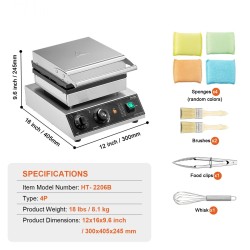 Vohvelirauta 4-paikkainen ruostumaton teräs 1750W ajastin lämpötilansäätö ammattikeittiöihin