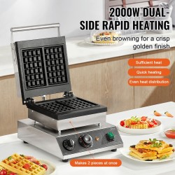 Vohvelirauta 2 paistolevyä suorakaiteen muotoisille vohveille ruostumaton teräs 2000 wattia lämpö- ja ajastinsäätö