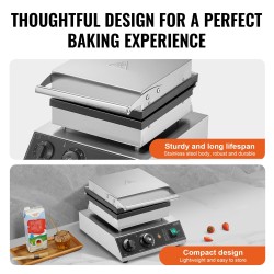 Vohvelirauta 2 paistolevyä suorakaiteen muotoisille vohveille ruostumaton teräs 2000 wattia lämpö- ja ajastinsäätö