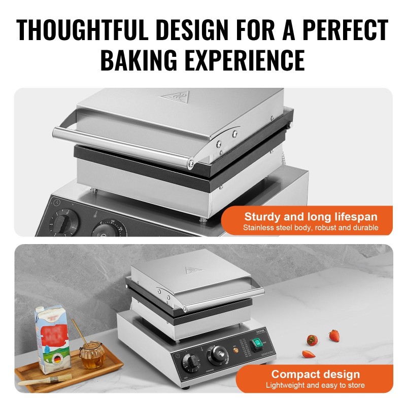 Vohvelirauta 2 paistolevyä suorakaiteen muotoisille vohveille ruostumaton teräs 2000 wattia lämpö- ja ajastinsäätö