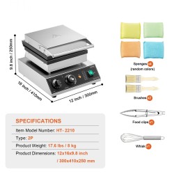 Vohvelirauta 2 paistolevyä suorakaiteen muotoisille vohveille ruostumaton teräs 2000 wattia lämpö- ja ajastinsäätö