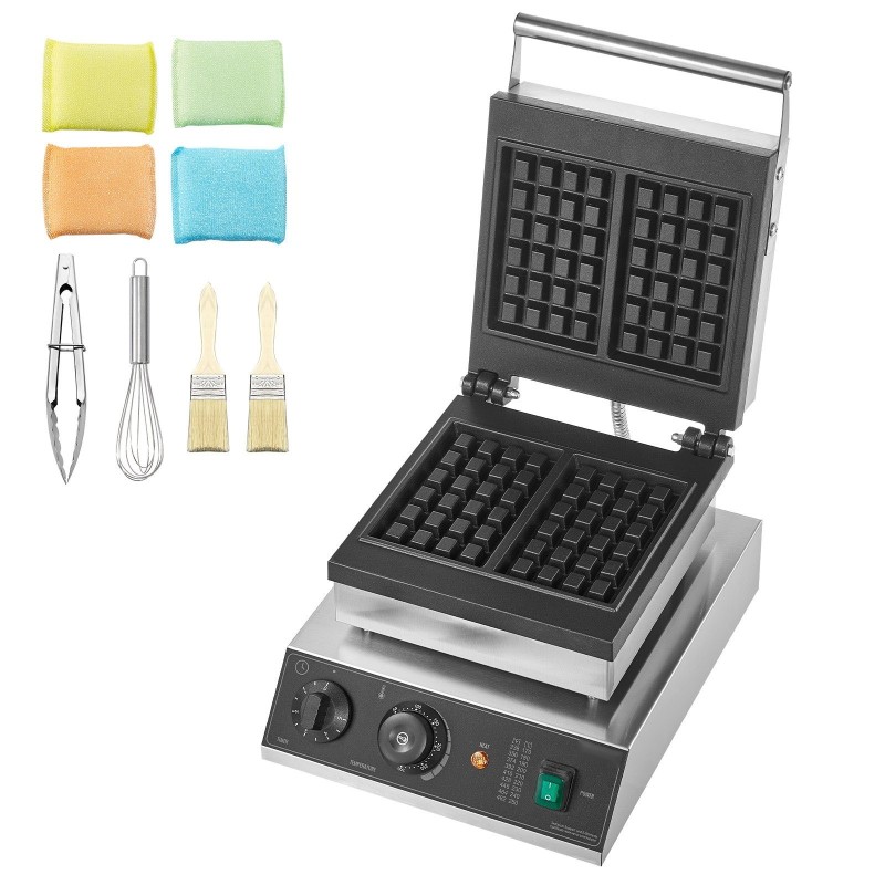 Vohvelirauta 2 paistolevyä suorakaiteen muotoisille vohveille ruostumaton teräs 2000 wattia lämpö- ja ajastinsäätö