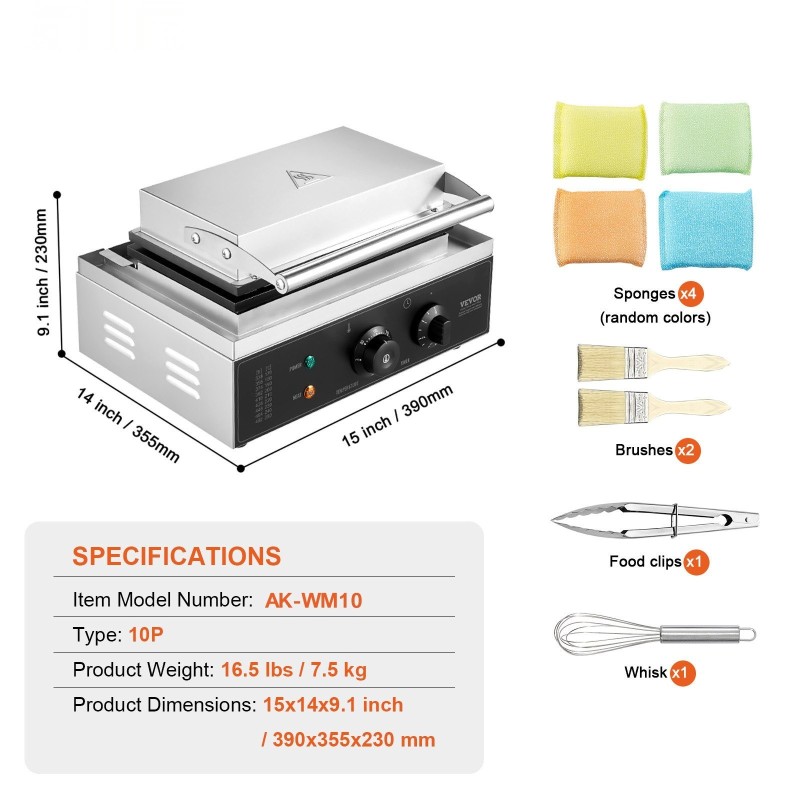Vohvelirauta ammattikäyttöön 10 suorakaiteista vohvelia tarttumaton paistopinta ruostumaton teräs