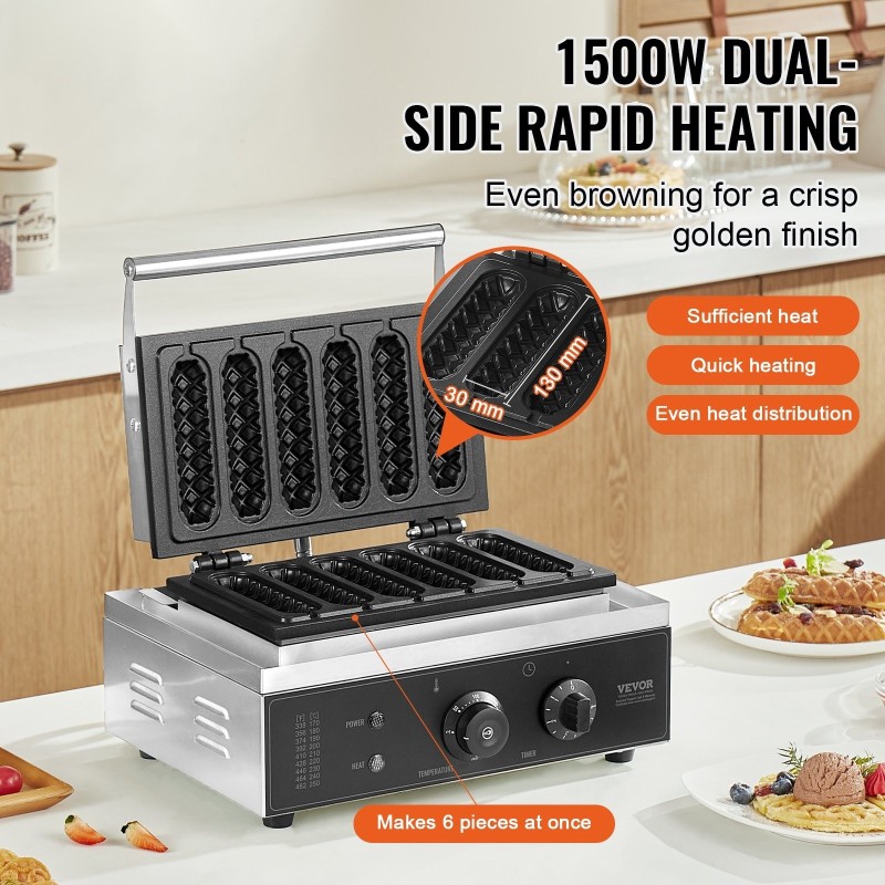 Vohvelitikkukone 6-paikkainen 1500W ruostumaton teräs tarttumaton paistopinta kahviloihin ja kotiin