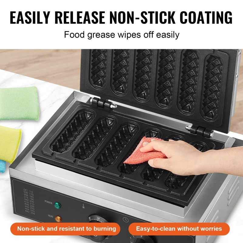 Vohvelitikkukone 6-paikkainen 1500W ruostumaton teräs tarttumaton paistopinta kahviloihin ja kotiin