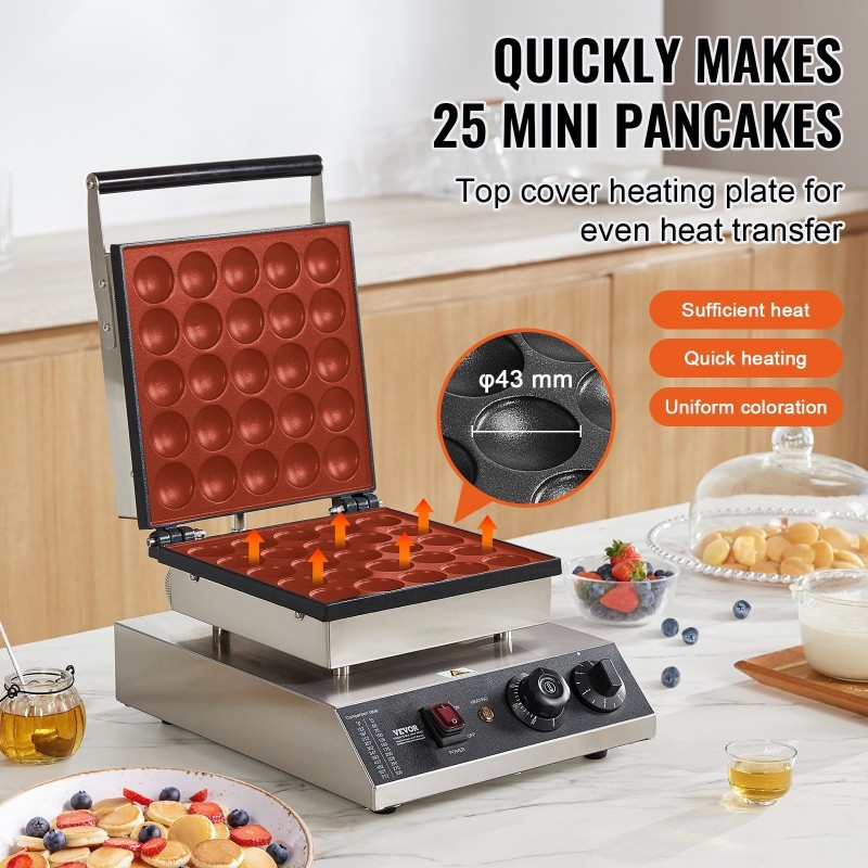 Minipannukakkukone 25 kappaletta 43 mm tarttumaton paistopinta ruostumaton teräs 1700W