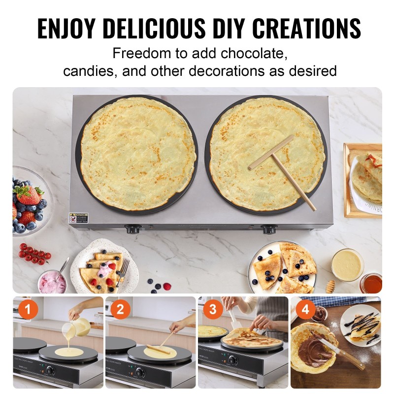 Sähkökrepintekijä kaksipäinen ruostumaton teräs 3400 wattia pyöreät tasaiset levyt pöytämallinen ammattikäyttöön