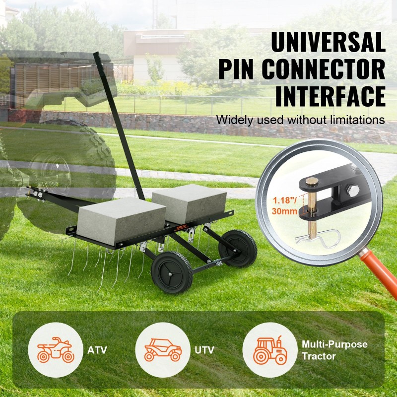 Vedettävä sammalharava Q235-teräs 40-tuumainen 20 jousiteräspiikkiä ATV-ajoneuvoille ja ajettaville ruohonleikkureille