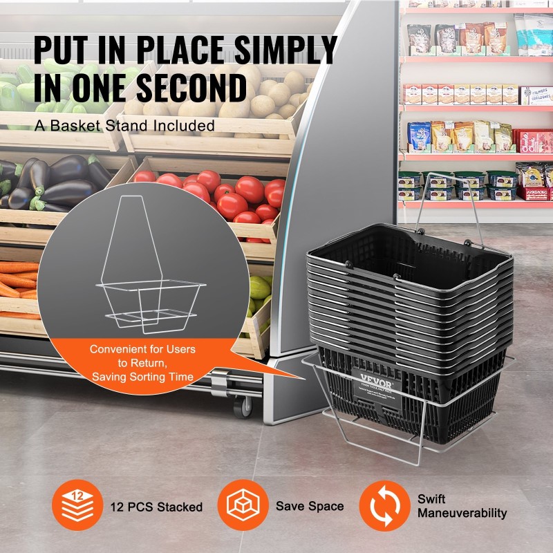 Ostoskorisetti 12 kappaletta 21 litraa polyeteenikoreja metallikahvoilla telineellä musta