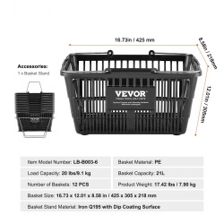 Ostoskorisetti 12 kappaletta 21 litraa polyeteenikoreja metallikahvoilla telineellä musta