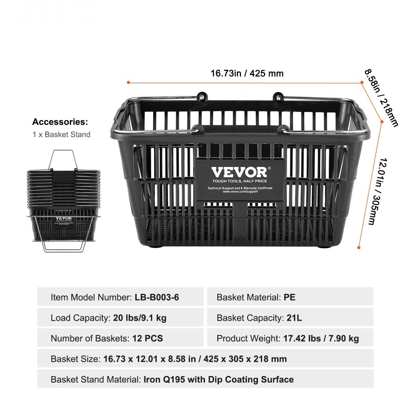 Ostoskorisetti 12 kappaletta 21 litraa polyeteenikoreja metallikahvoilla telineellä musta
