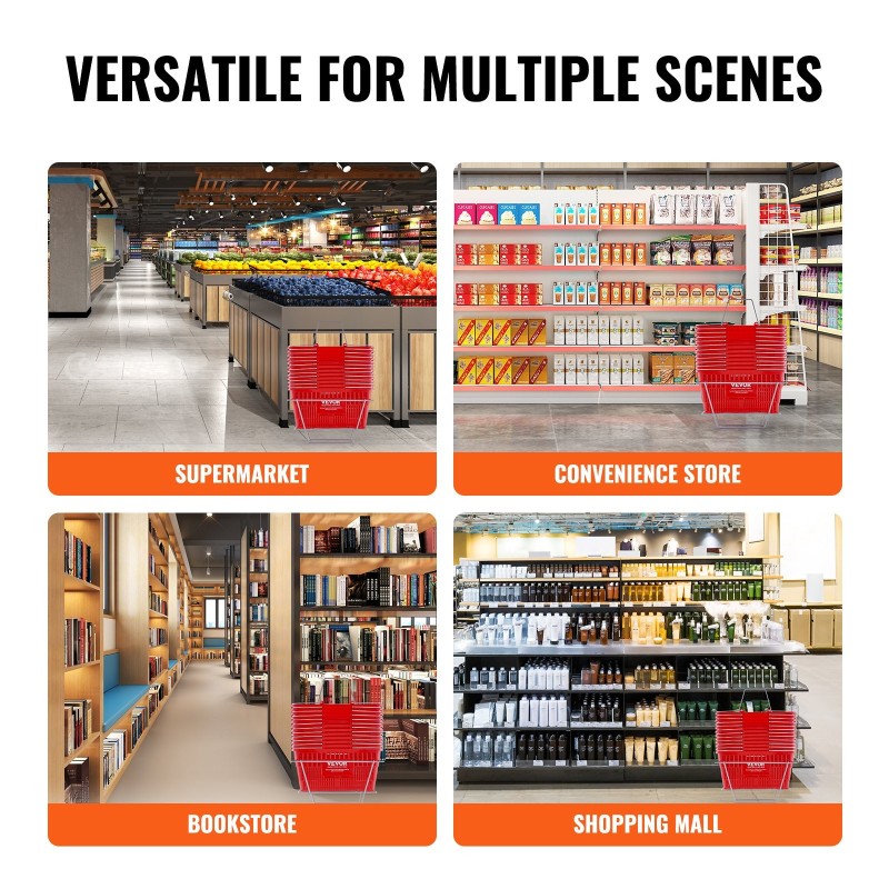 Muoviset ostoskorit 12 kpl 21 litraa metallikahvalla ja telineellä myymäläkäyttöön