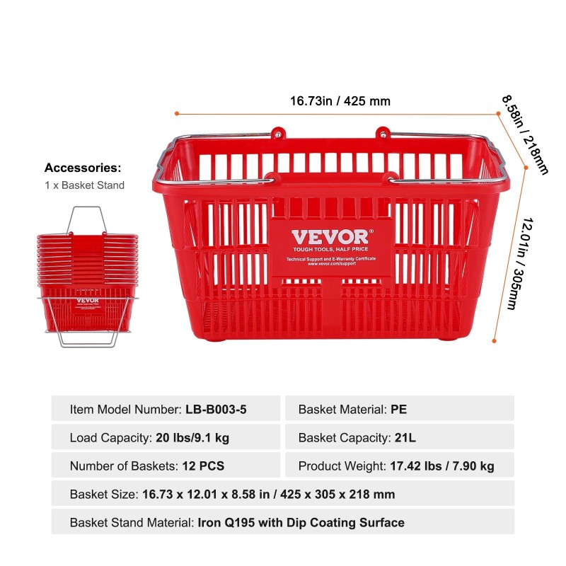 Muoviset ostoskorit 12 kpl 21 litraa metallikahvalla ja telineellä myymäläkäyttöön