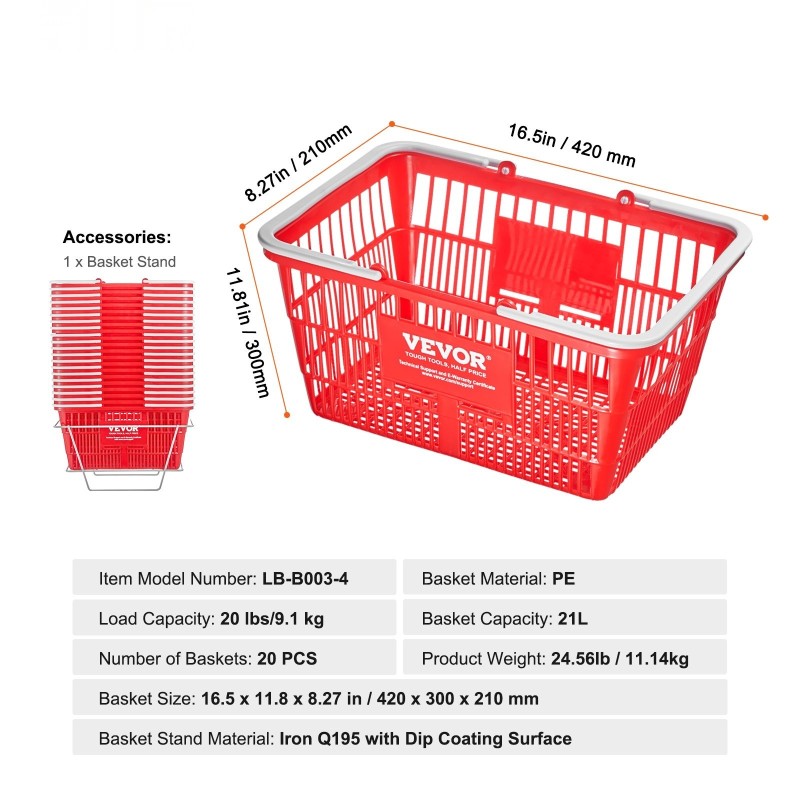 Muovinen ostoskori 21 litraa 20 kpl PE-muovi koriteline myymäläkäyttöön