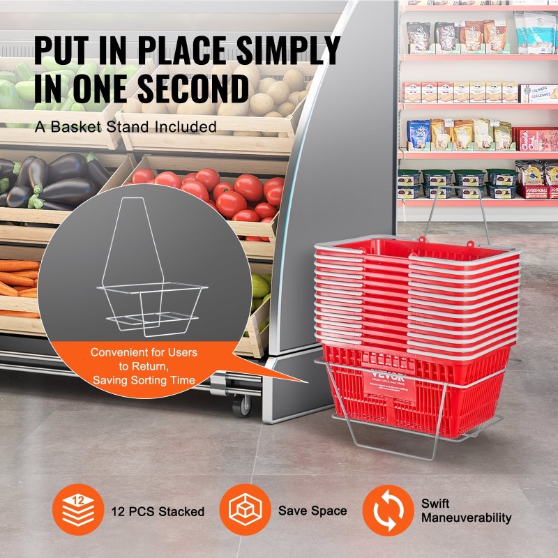 Muovinen ostoskori 21 l 12 kpl metallinen teline punainen kauppakäyttöön