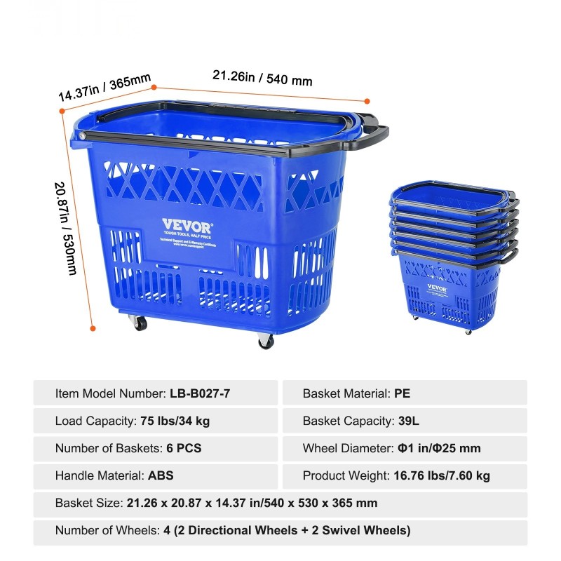 PE-muovinen pinottava ostoskori pyörillä 39L 6 korin setti myymäläkäyttöön