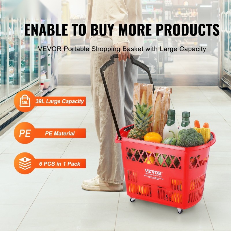 Ostoskorisetti 6 kpl PE-muovisia 39 l rullattavia pyörällisiä myymäläkoreja