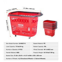 Ostoskorisetti 6 kpl PE-muovisia 39 l rullattavia pyörällisiä myymäläkoreja