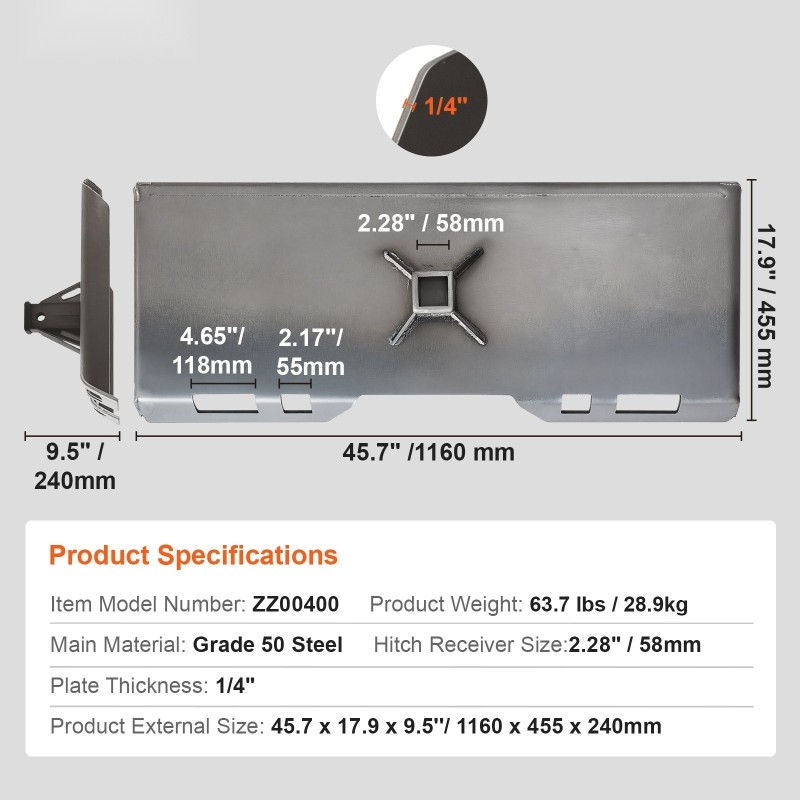 Liukuohjatun kuormaajan kiinnityslevy 50-luokan teräs sopii 45 tuuman sisäleveydelle