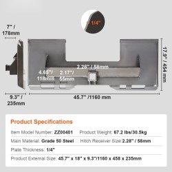 Pikakiinnityslevy liukuohjatuille kuormaajille 1/4 tuuman 50-luokan teräs 2,28 tuuman vastaanottimella