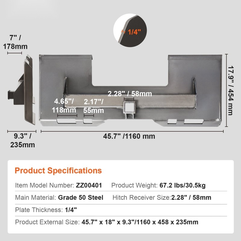 Pikakiinnityslevy liukuohjatuille kuormaajille 1/4 tuuman 50-luokan teräs 2,28 tuuman vastaanottimella