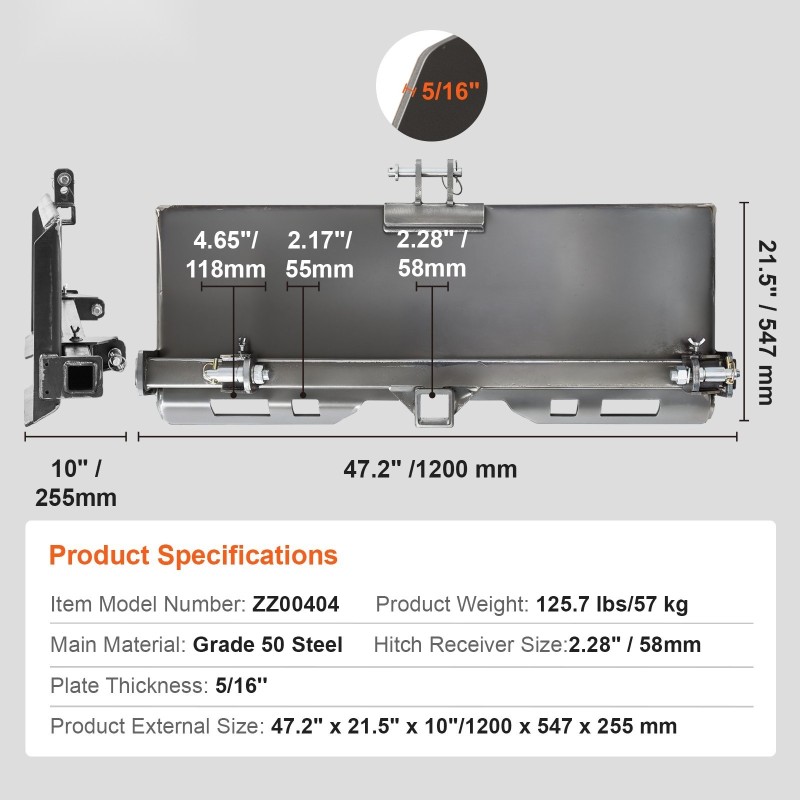 3-pisteen adapterilevy 50-luokan teräs 45 tuuman sisäleveydelle pienkuormaimeen ja traktoriin