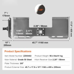 Pikakiinnitteinen kuormaajalevy 50-luokan teräs 9,5 mm 45 tuuman sisäleveys 2,28 tuuman vetovastaanotin