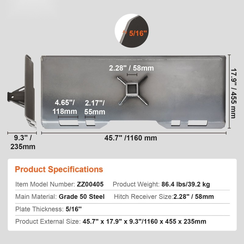 Pikakiinnitteinen kuormaajalevy 50 terästä 5/16 tuumaa 45 tuuman sisäleveydelle 2,28 tuuman vetokoukkuvastaanotin