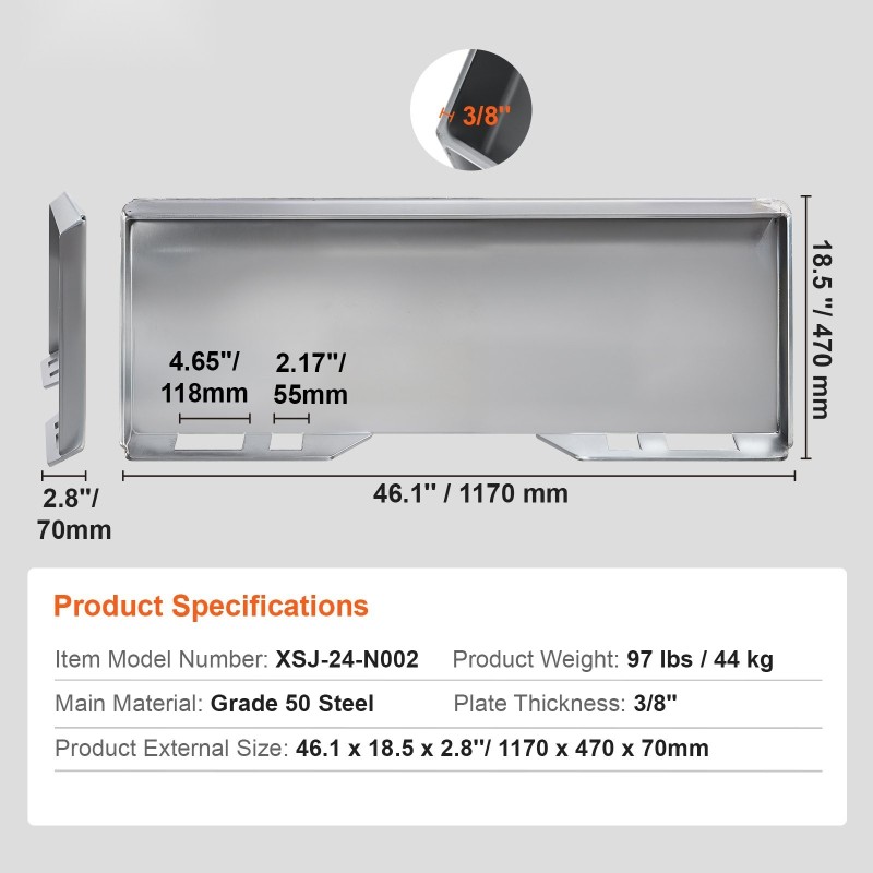 Liukuohjatun kuormaajan pikakiinnityslevy 50-luokan teräs 3/8 tuumaa paksu 45 tuuman sisäleveydelle