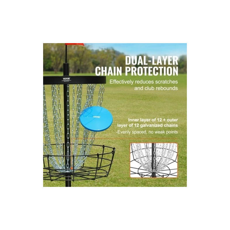 Frisbeegolf-kori teräsrunko 24 ketjua kantettava musta sisä ja ulkokäyttö mukana 6 kiekkoa