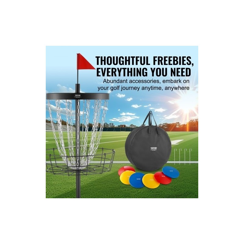 Frisbeegolf-kori teräsrunko 24 ketjua kantettava musta sisä ja ulkokäyttö mukana 6 kiekkoa