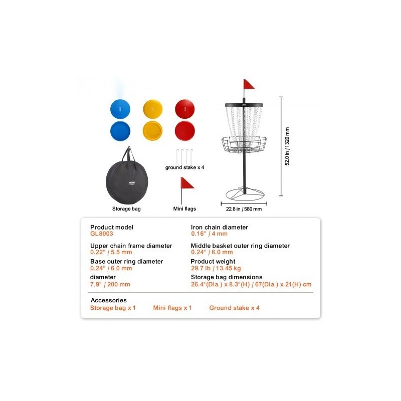 Frisbeegolf-kori teräsrunko 24 ketjua kantettava musta sisä ja ulkokäyttö mukana 6 kiekkoa