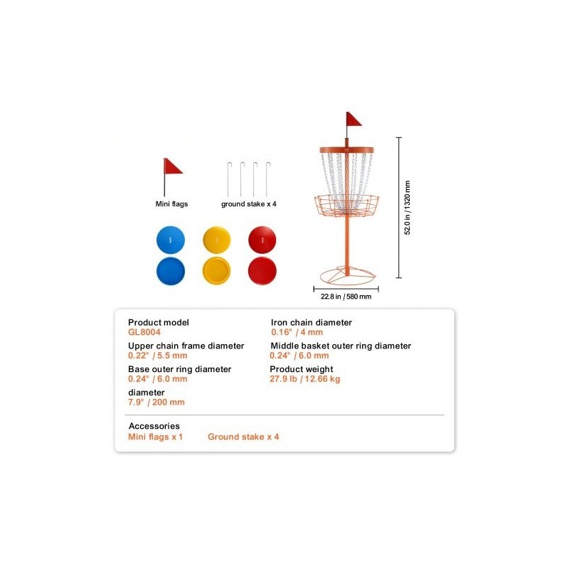 Frisbeegolfkori teräsrunko oranssi 24 sinkittyä ketjua 6 kiekkoa ulko ja sisäkäyttöön